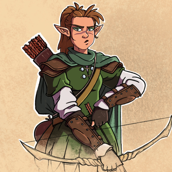 Dnd illustration by Torororos, a cartoony drawing of an elf archer clad in green