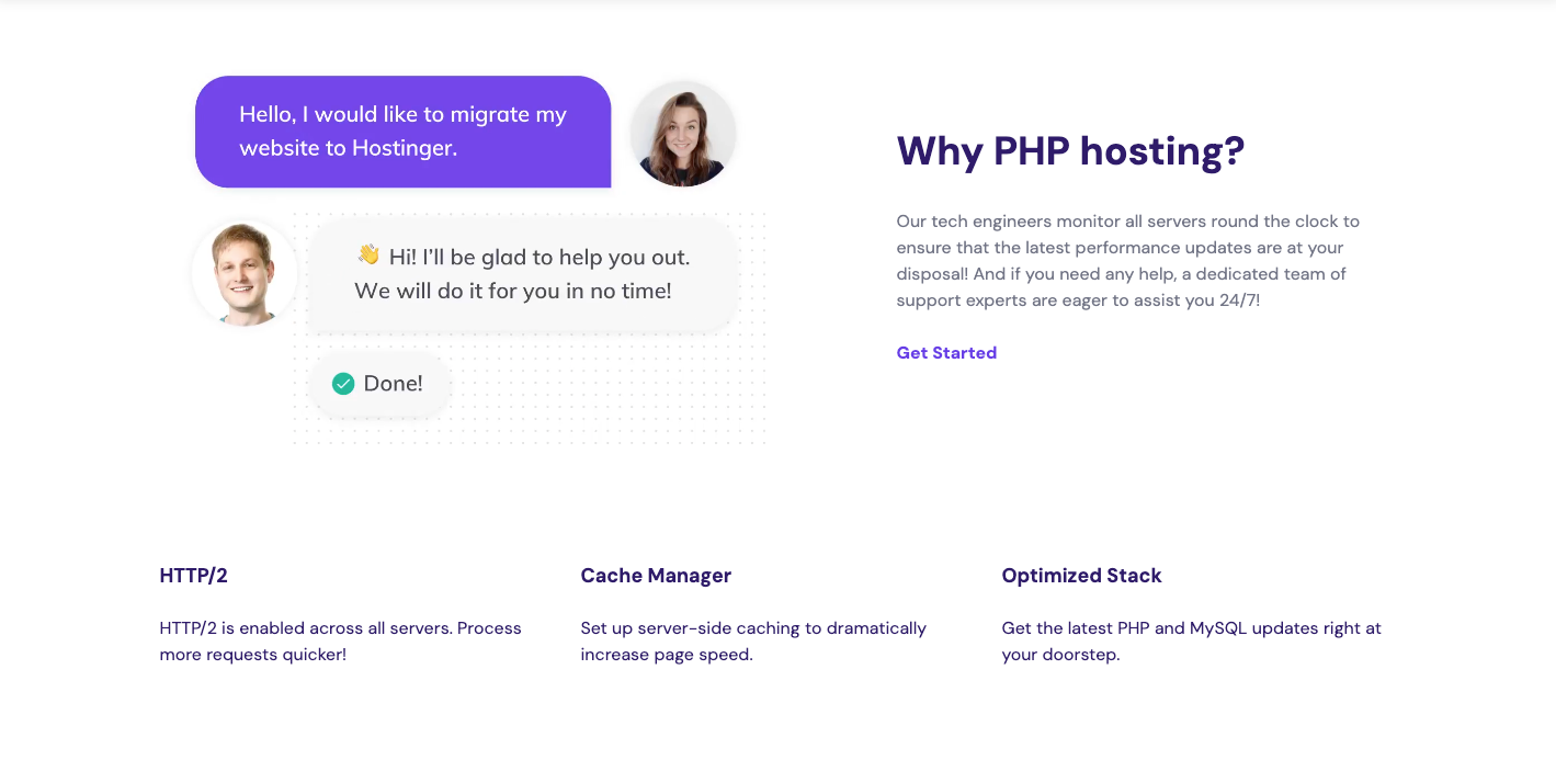Hostinger PHP hosting page explaining the benefits of PHP hosting.