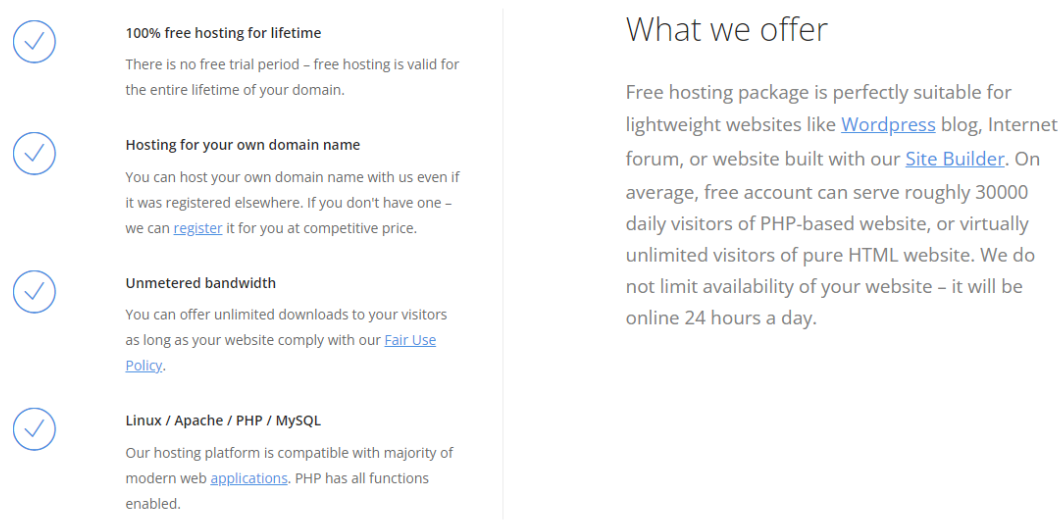 a screenshot of Freehosting's free PHP plan, bandwidth, and domain name