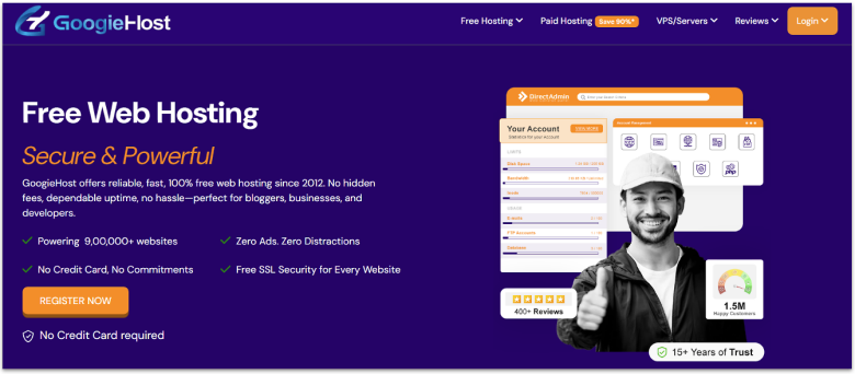 GoogieHost free PHP hosting plans do not require a credit card to sign up.