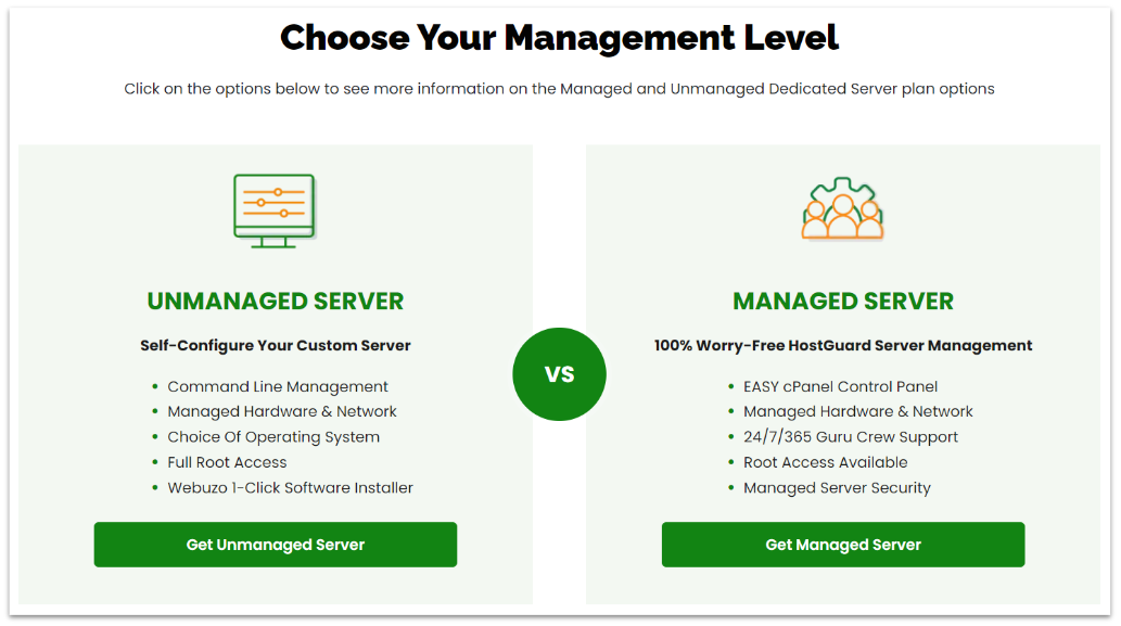 A2 Hosting unmanaged vs managed server features