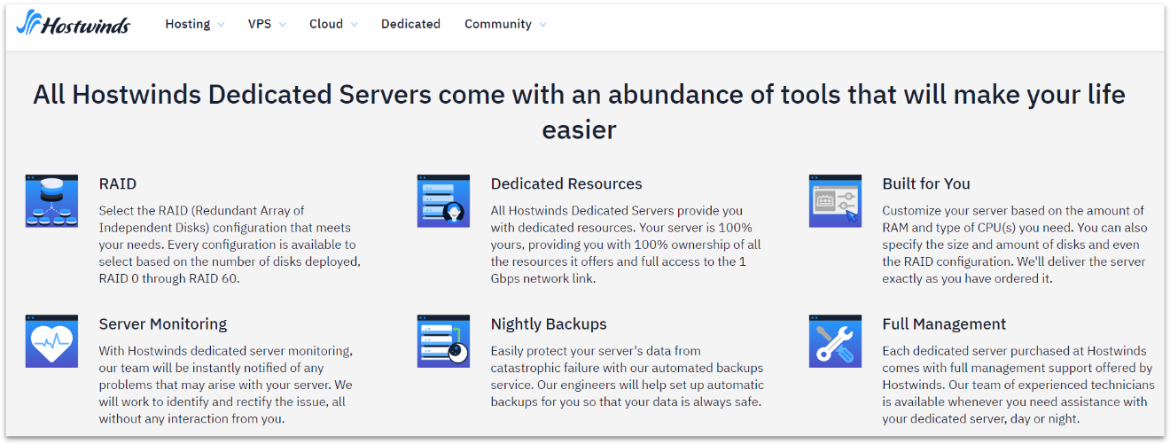 Hostwinds dedicated server features