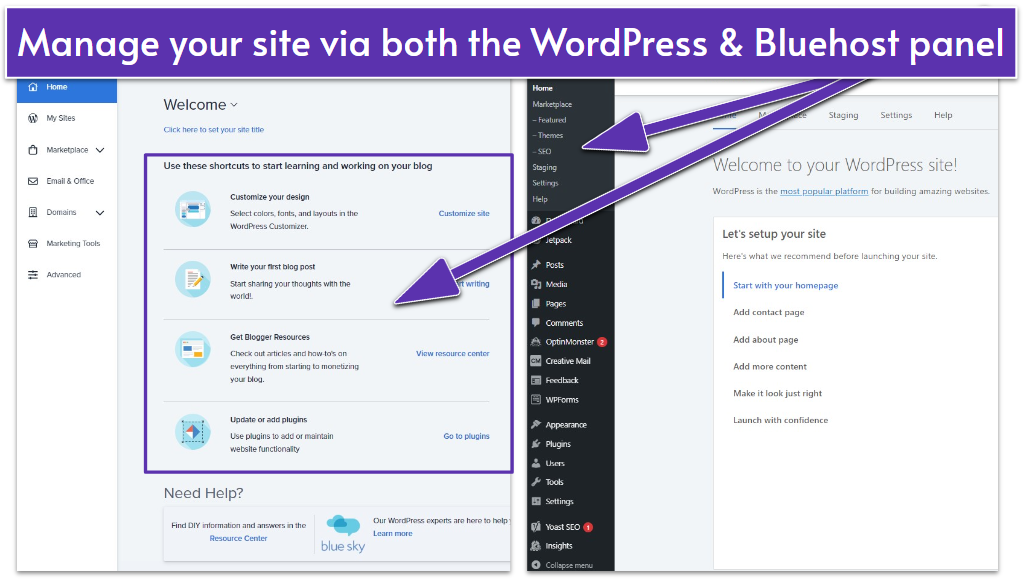 Bluehost admin panel with WordPress management