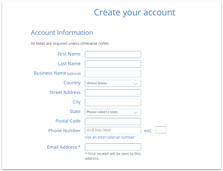 Bluehost account creation screen