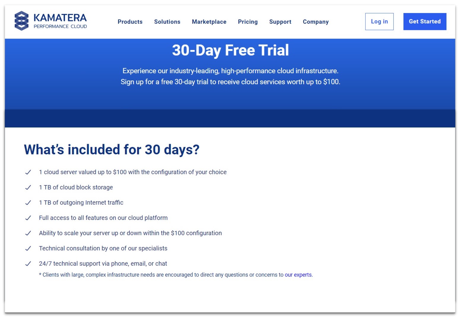 Kamatera 30-day free trial with a $100 credit offer landing page