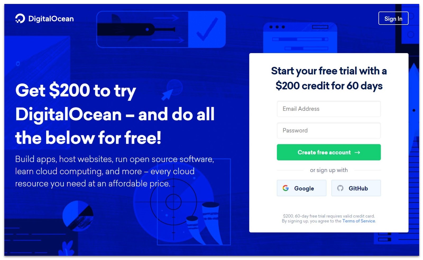 DigitalOcean 60-day trial with $200 credit offer landing page