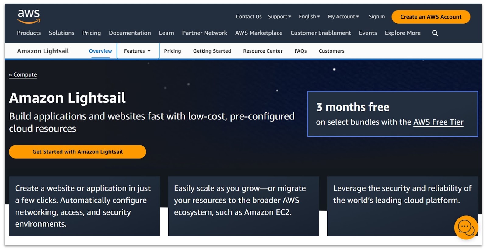 Amazon Web Services (AWS) Lightsail free trial offer landing page