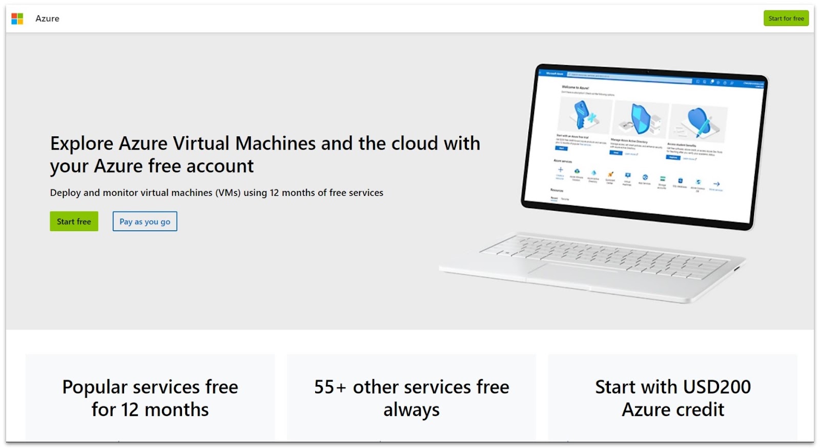 Microsoft Azure free trial and $200 credit offer landing page
