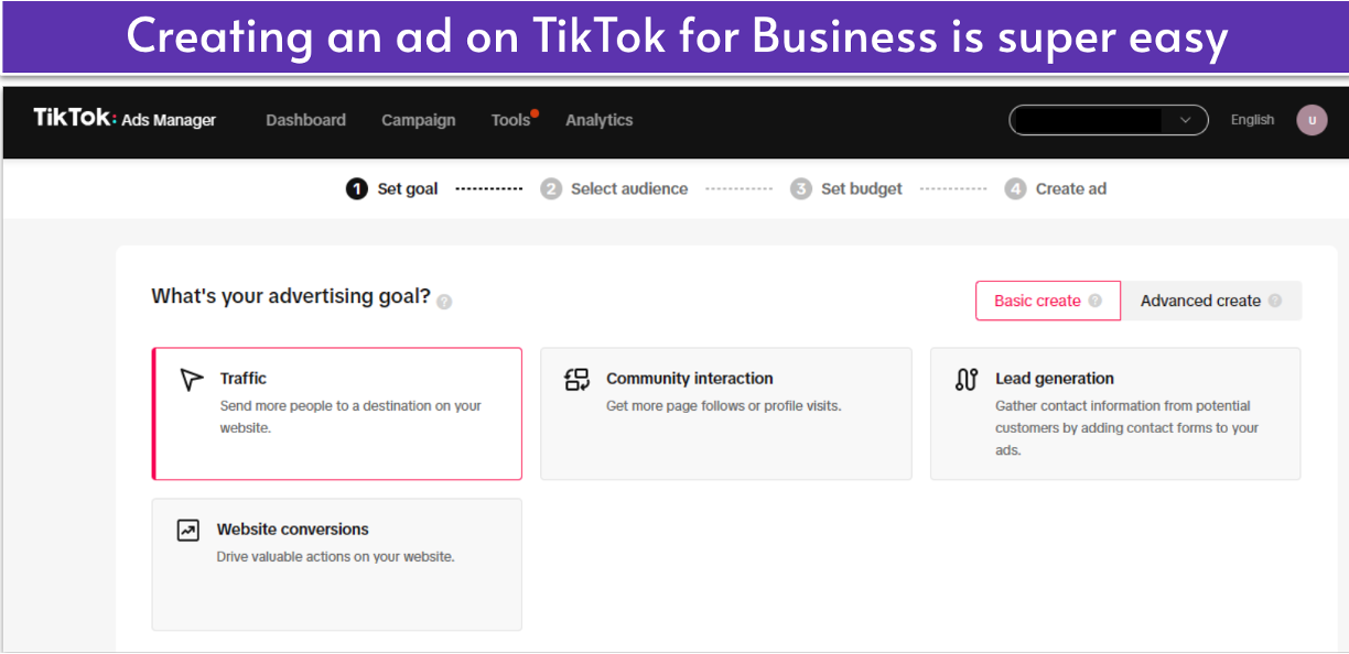 TikTok for Business ads manager dashboard