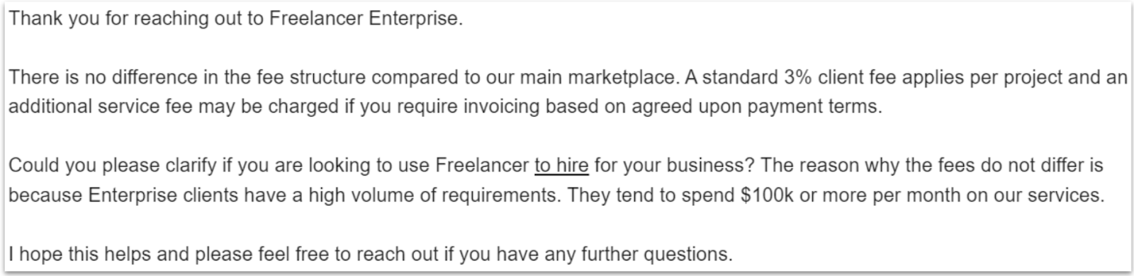 Screenshot of Freelancer.com email support response