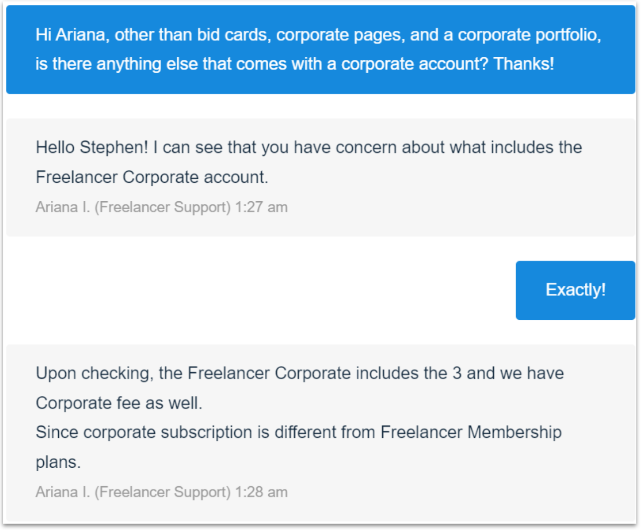 Screenshot of Freelancer.com live chat conversation