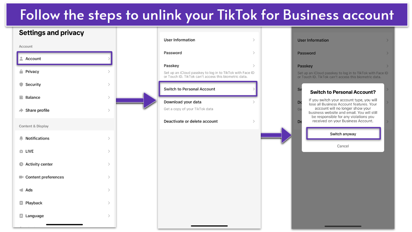 Screenshot showing steps to unlink TikTok for Business account