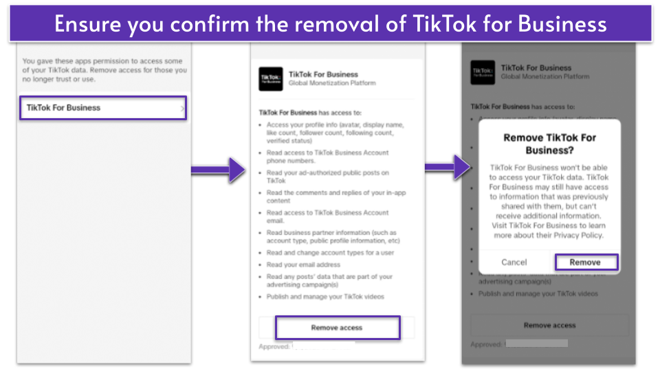 Screenshot showing the steps to remove TikTok for Business app permission