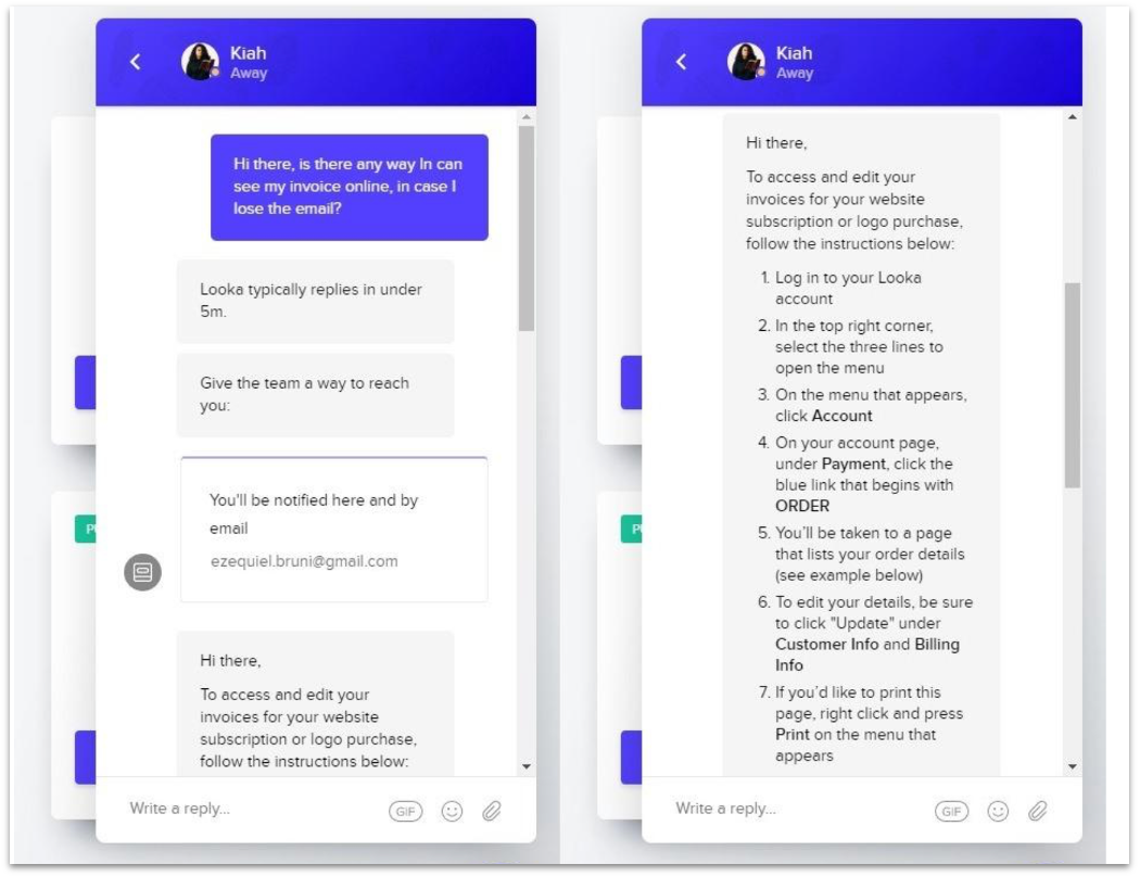 Looka live chat customer support interaction
