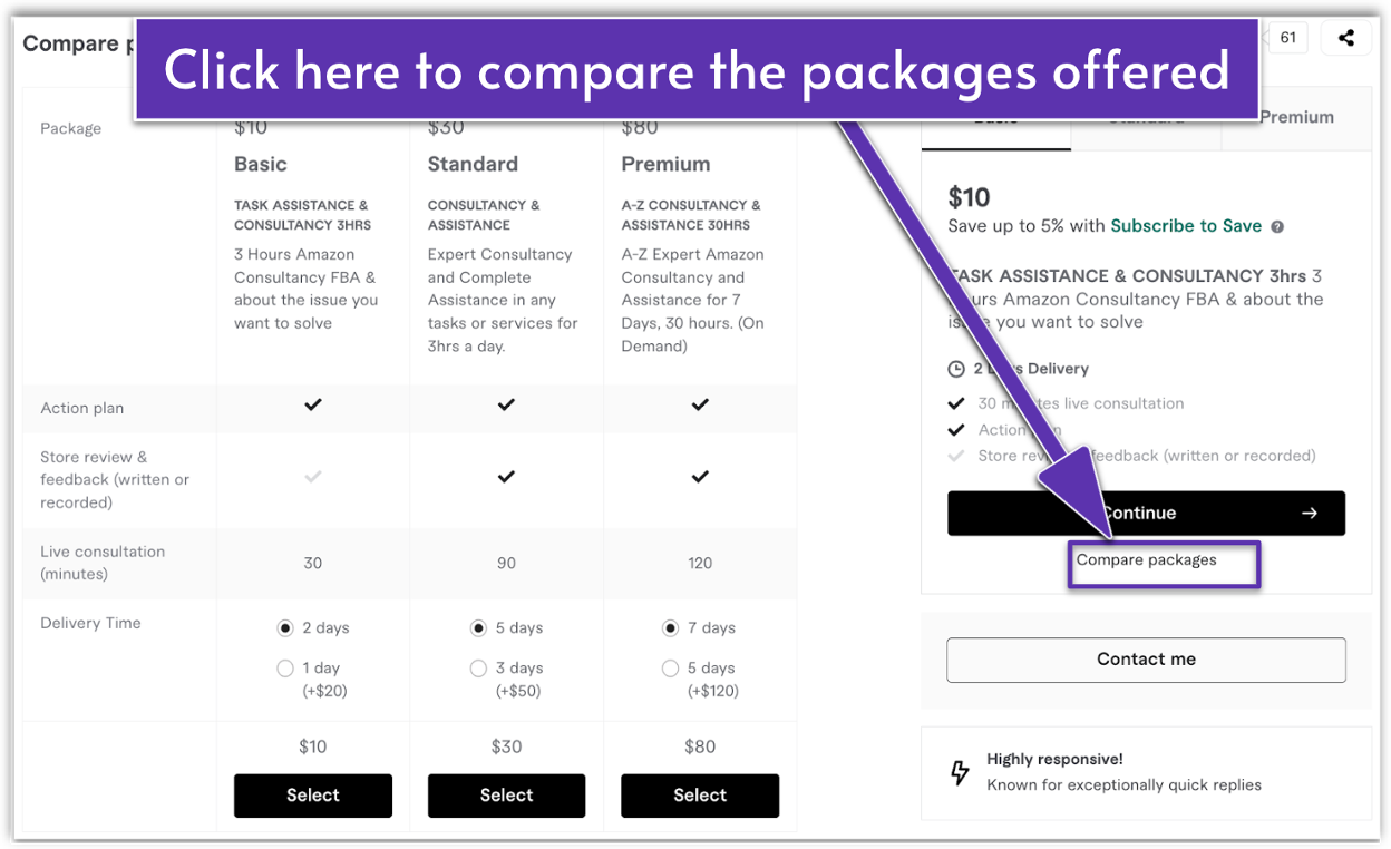 Comparing packages section on Fiverr