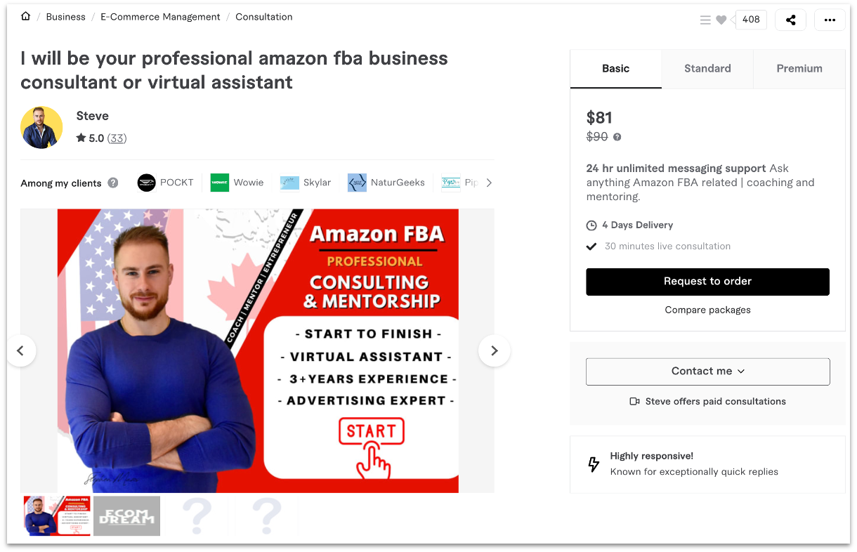 Freelance Amazon FBA coach Ecomdream Fiverr profile