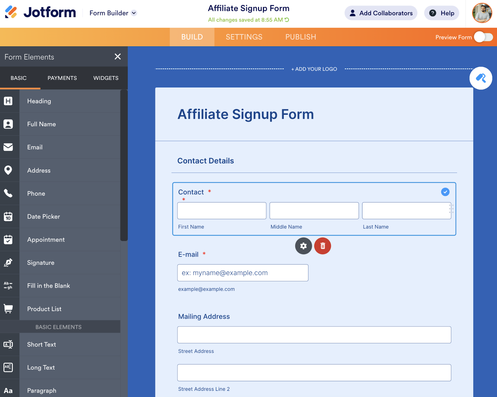 JotForm screenshot - adding form elements