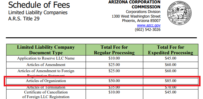 MyCorporation official Schedule of Fees