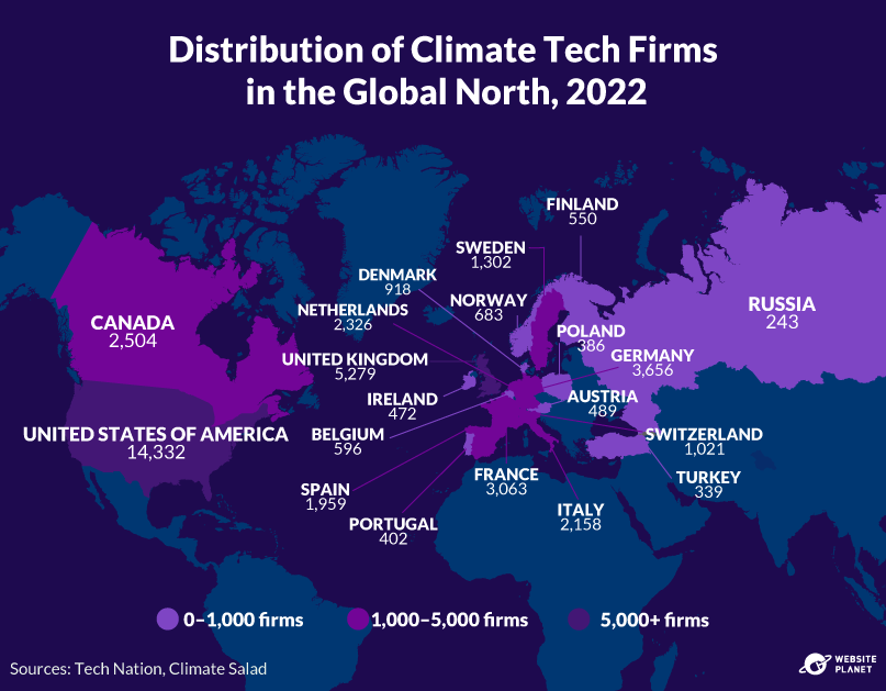 Map of climate tech firms by country, 2022