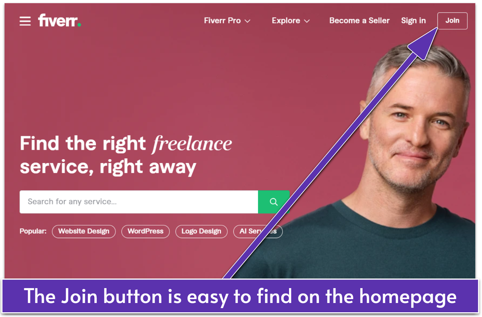 The location of the Join button on Fiverr's homepage