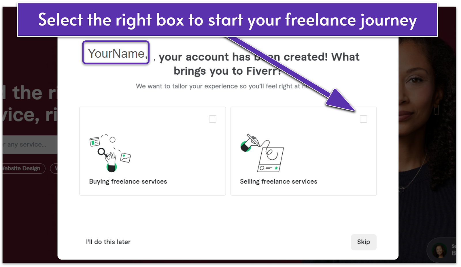 The Fiverr menu for switching between a freelancer and an employer account