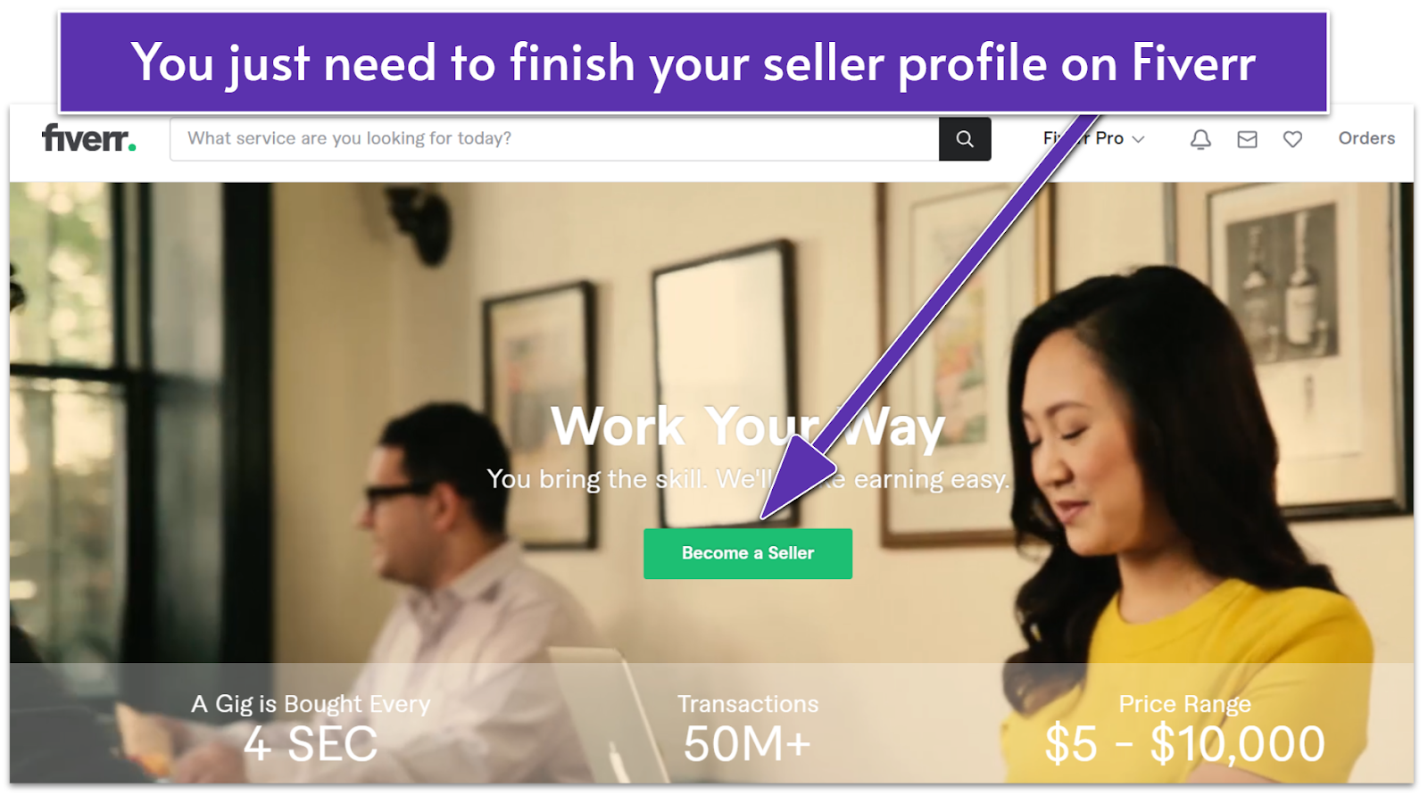 Fiverr's homepage after you sign up