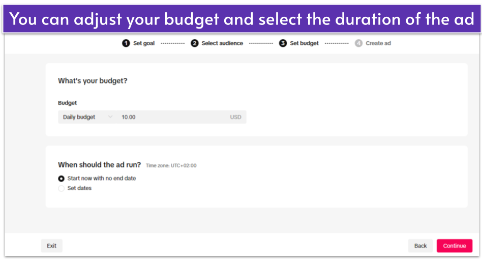 TikTok ads budget selection page