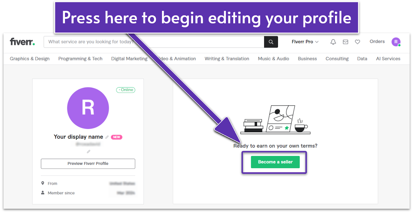 Fiverr's menu for editing your profile