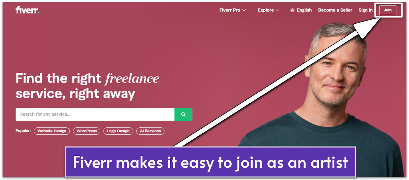 The Join button on Fiverr's homepage