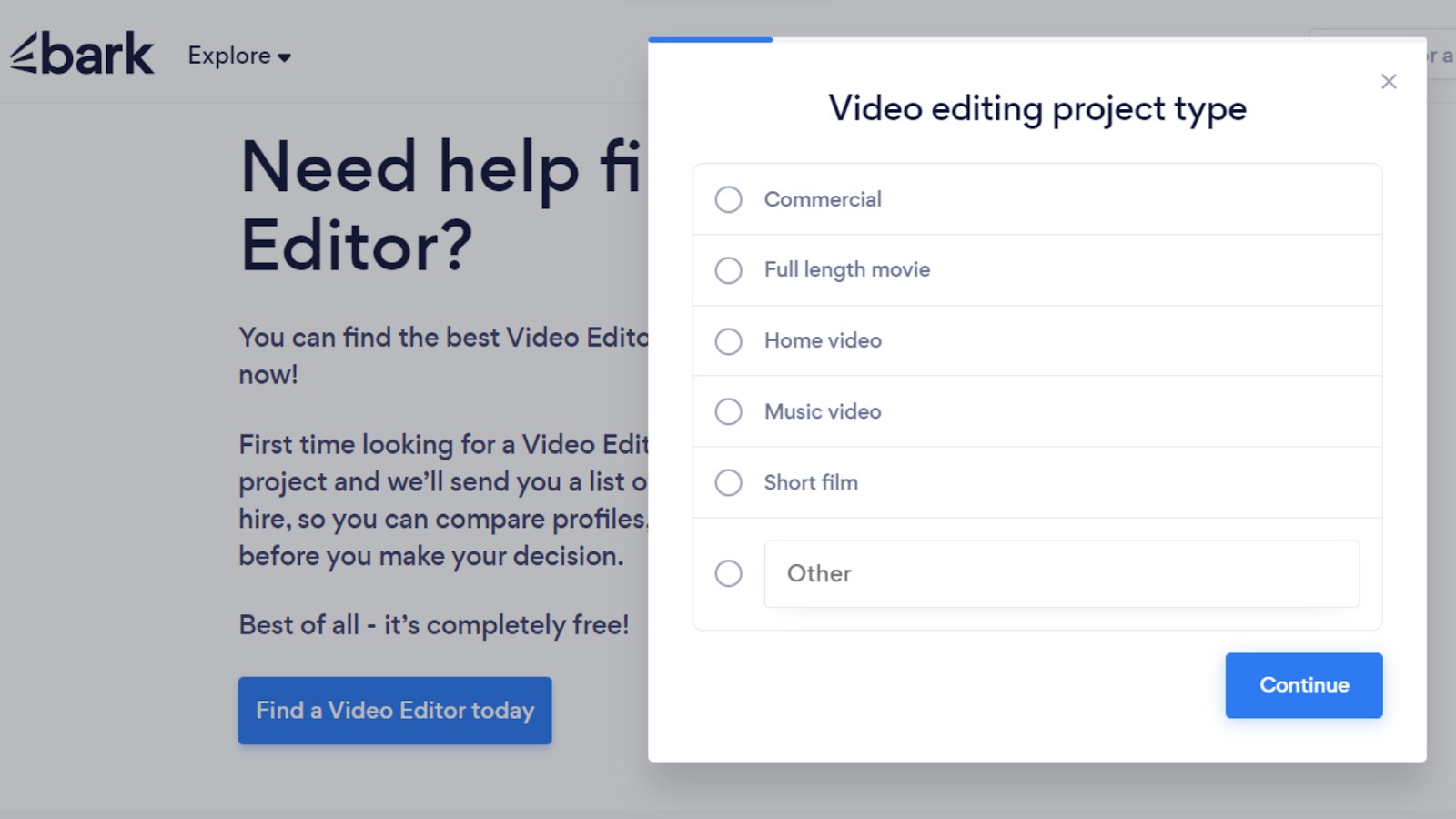 Bark's menu for selecting the type of video editing project you want done