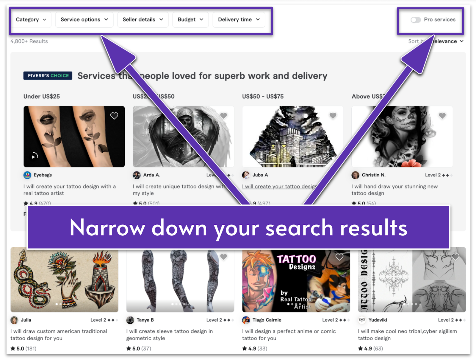 Fiverr's advanced search filters