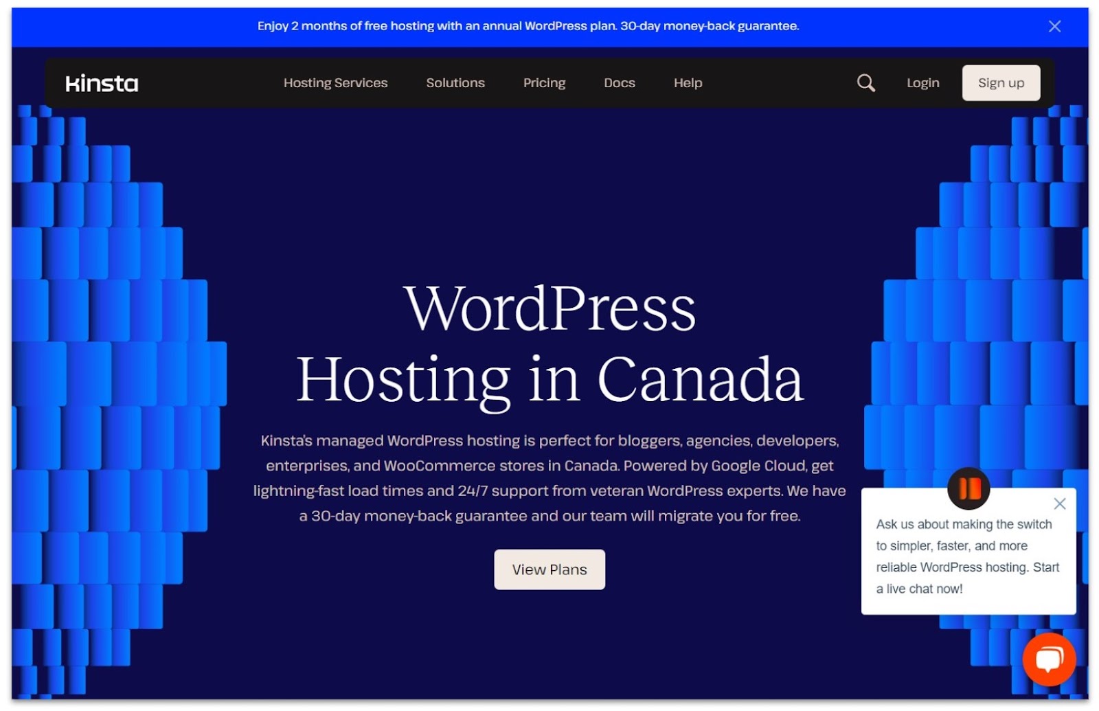 Kinsta Canadian web hosting landing page