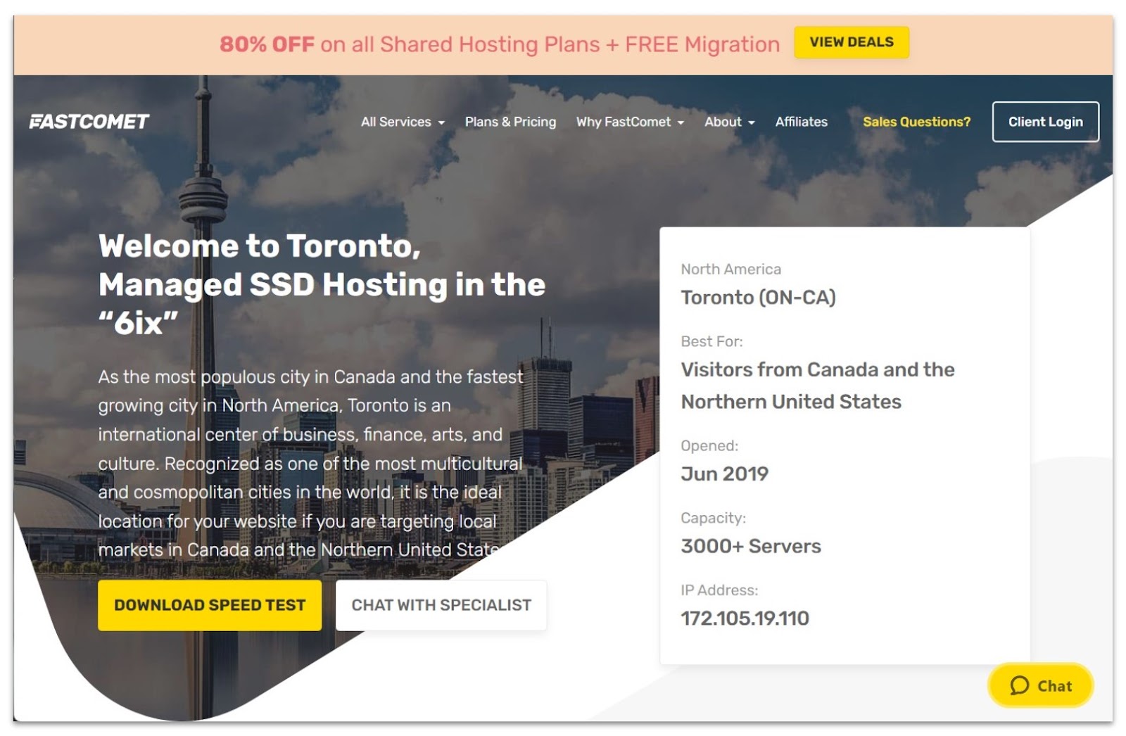 FastComet Toronto data center Canadian web hosting landing page