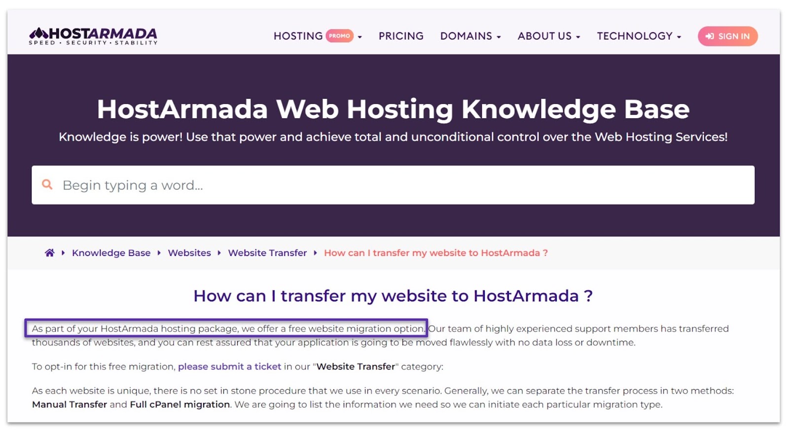 HostArmada free website migration services