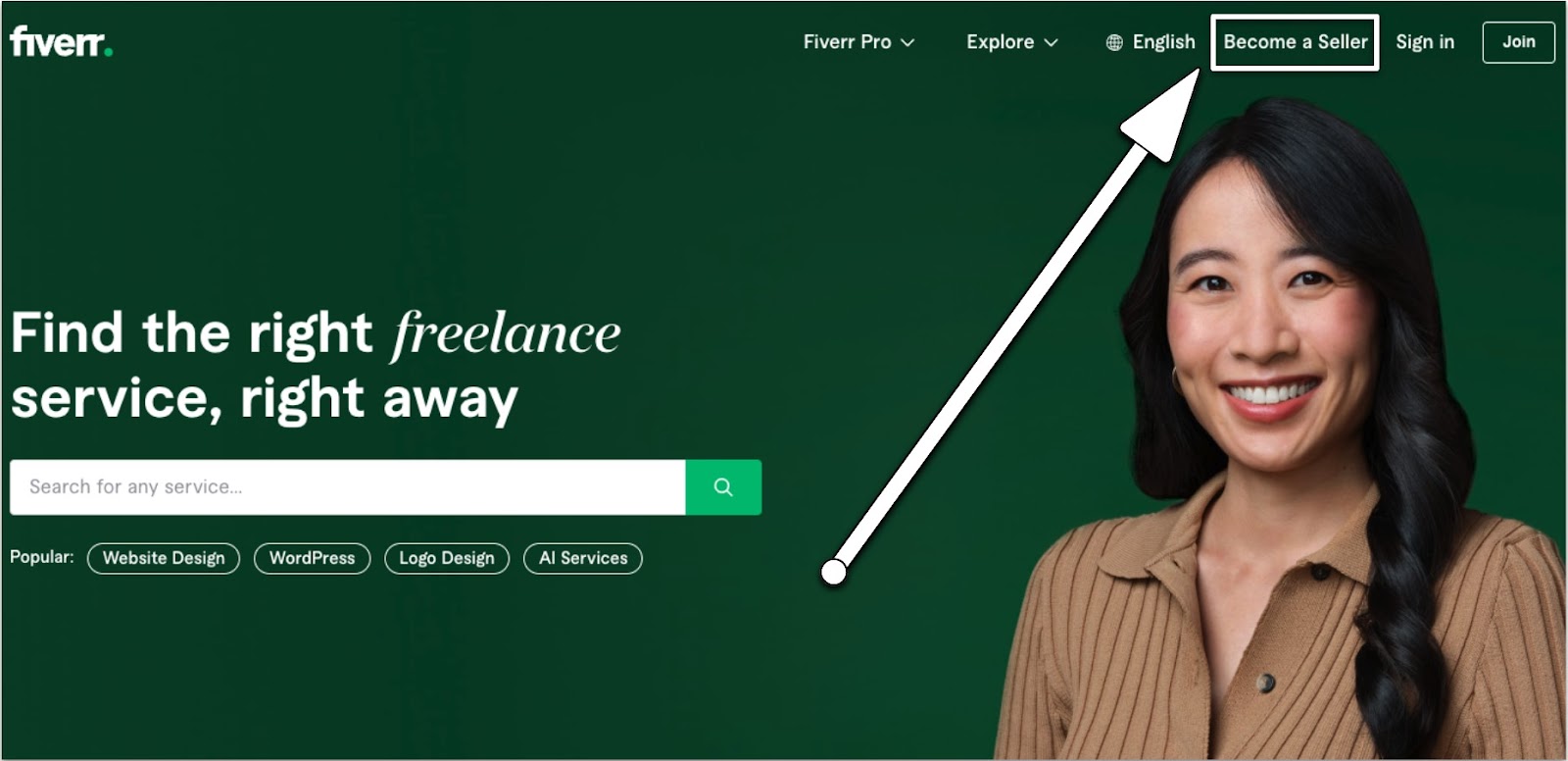 Fiverr homepage with arrow pointing to "Become a Seller" link