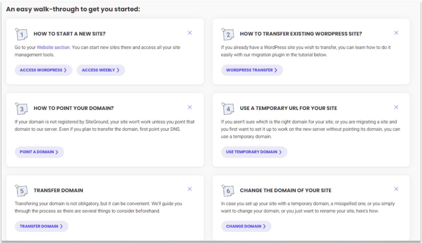Graphic of SiteGround's startup walkthrough page