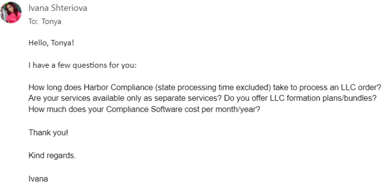 Email with questions about Harbor Compliance's services and prices