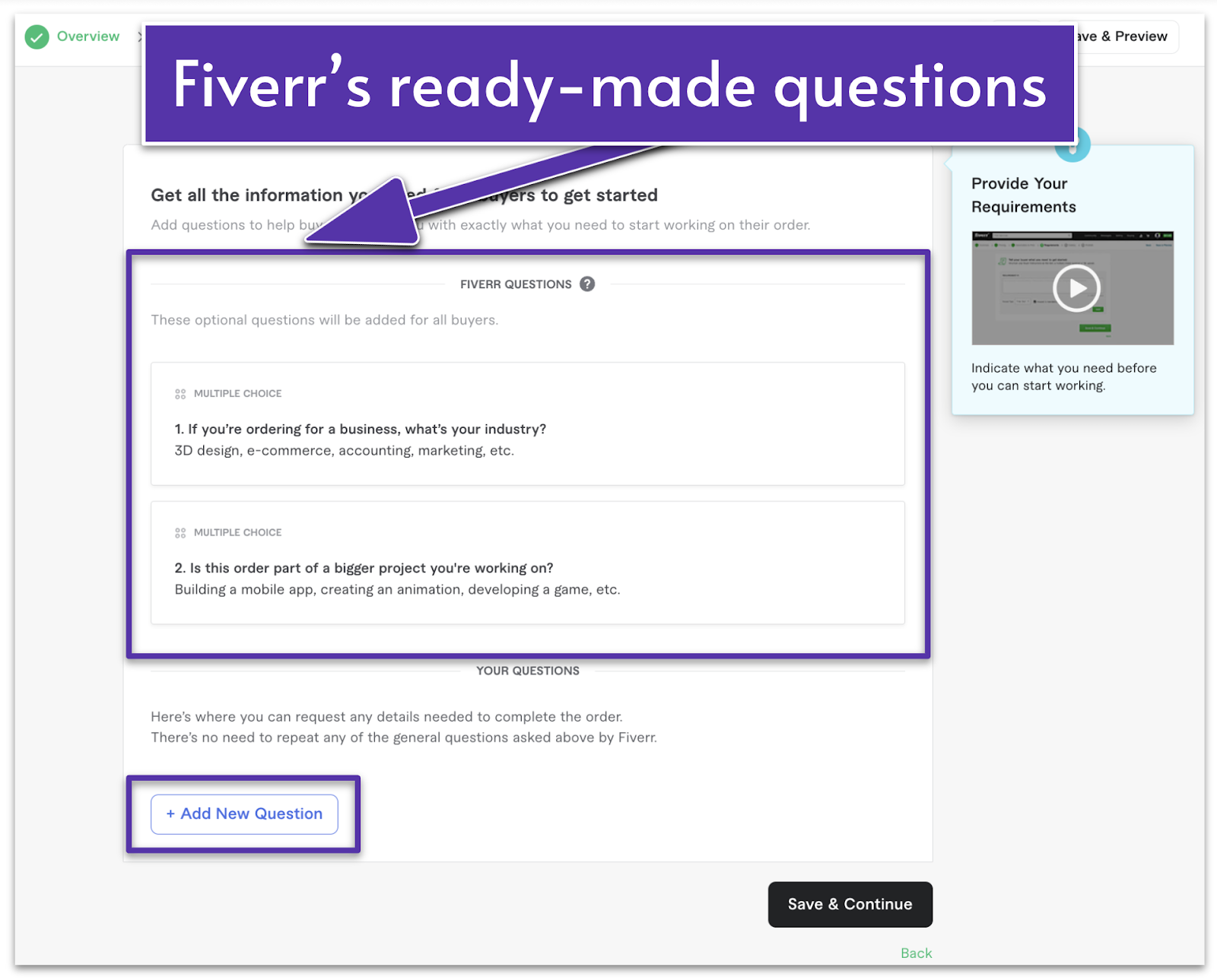 Fiverr ready-made job requirement questions