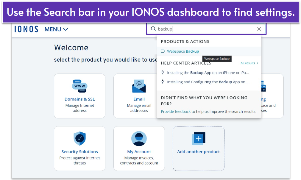 IONOS dashboard search bar menu.