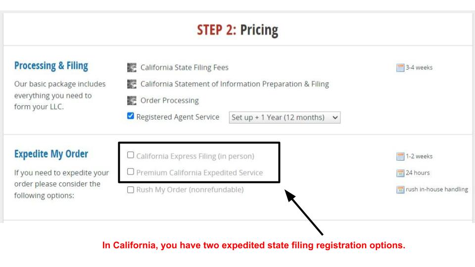 MyUSACorporation LLC formation sign-up process: optional expedited and express state and MyUSACorporation filing add-ons for the state of California in the Pricing section