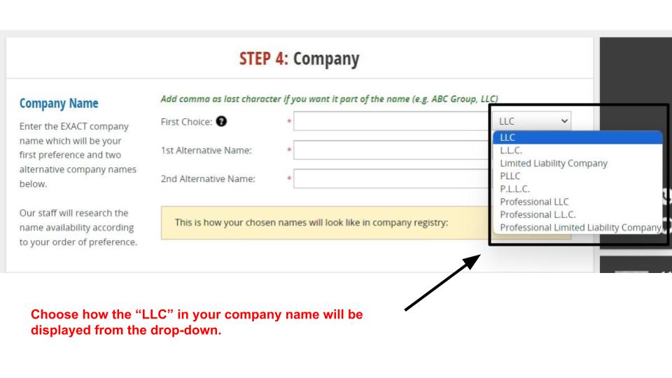 MyUSACorporation LLC formation sign-up process: LLC spelling for company name options drop-down in the Company section