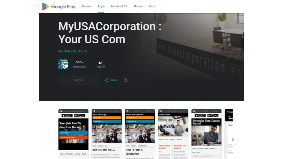 MyUSACorporation Android smart device app available on Google Play