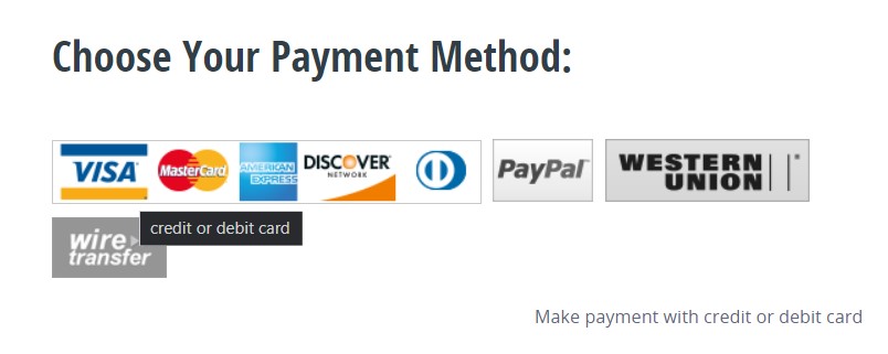 MyUSACorporation accepted payment methods, including debit / credit cards (Visa, MasterCard, American Express, Discover, Diners Club), PayPal, Western Union, and wire transfer.