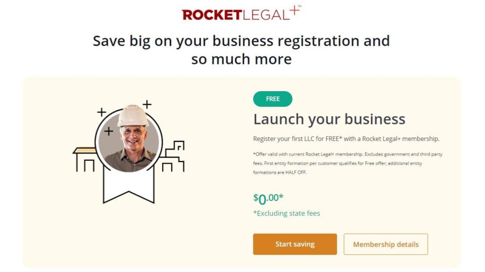 Rocket Legal+ membership free LLC formation offer and terms and conditions.