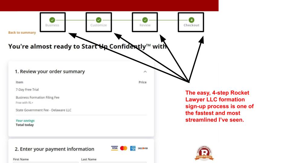 Rocket Lawyer LLC formation sign-up process, final order summary and checkout page.