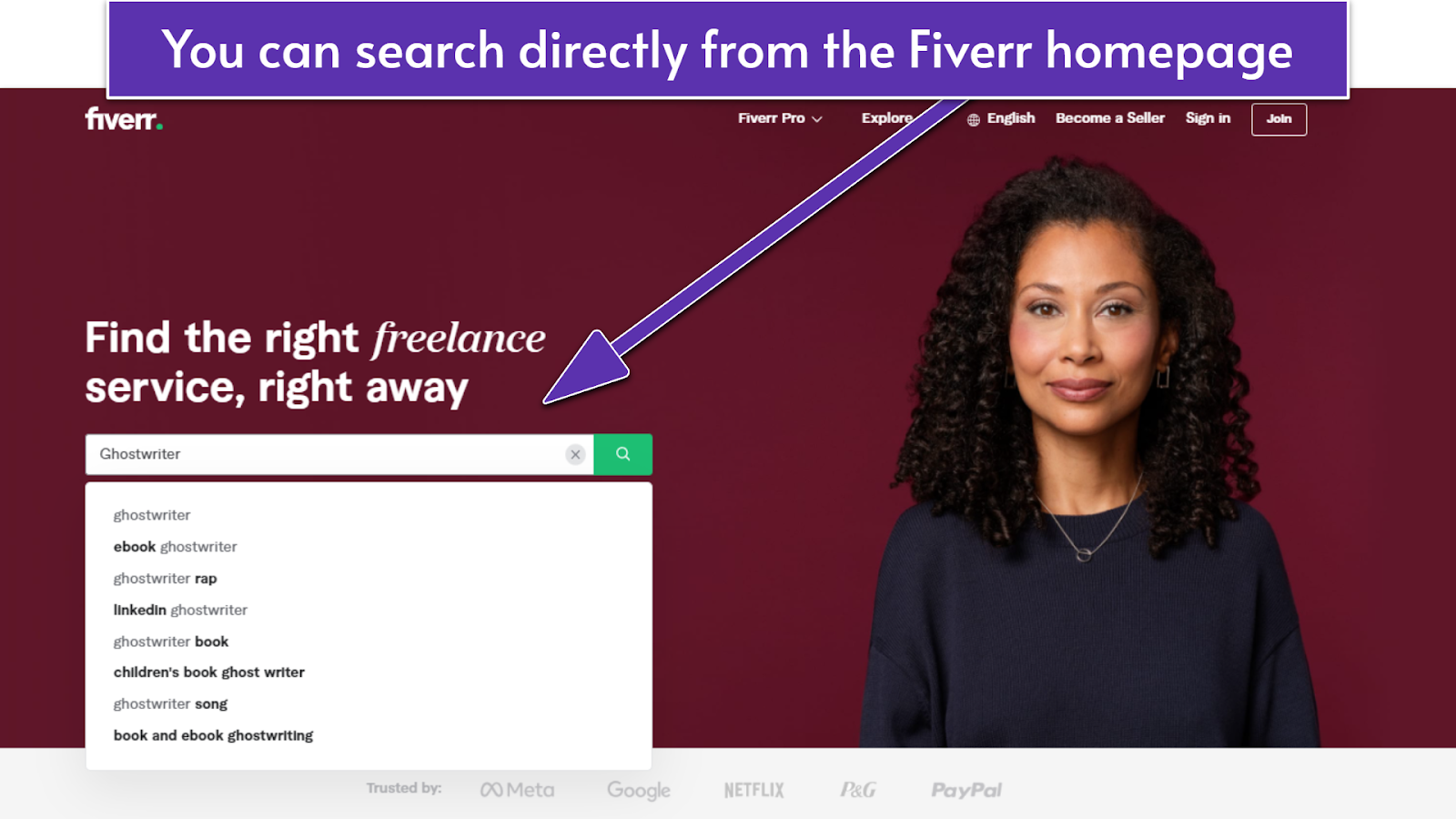 The Fiverr homepage, with the word "ghostwriter" written in the search bar