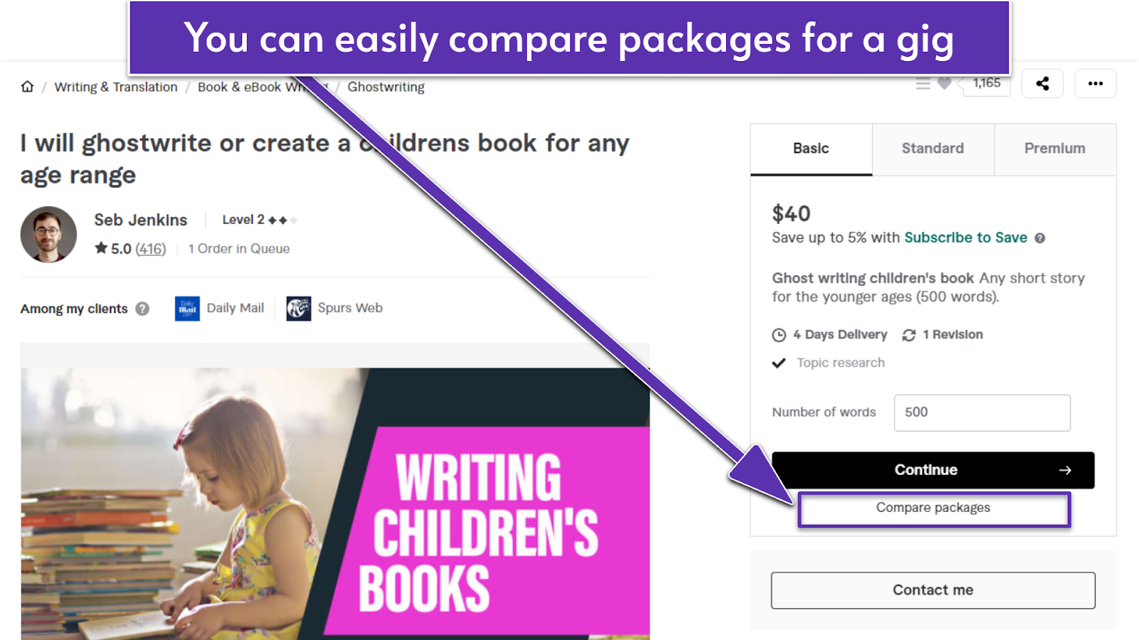 The "Compare packages" button highlighted on a ghostwriter's gig page on Fiverr