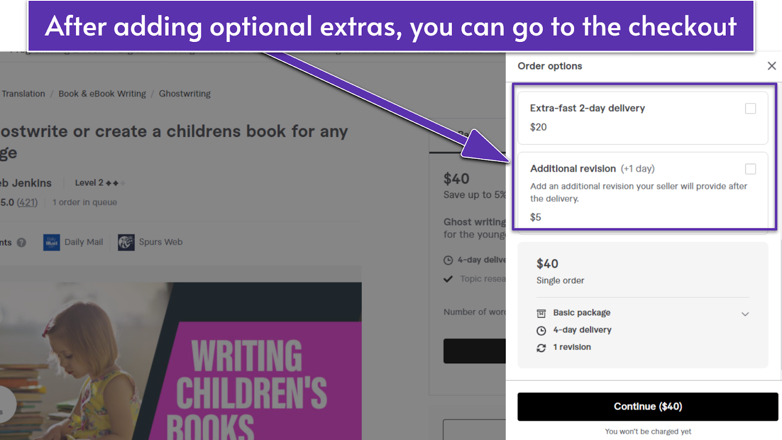 The "Continue" button highlighted on a ghostwriter's gig page on Fiverr on the order summary menu, along with order upgrades