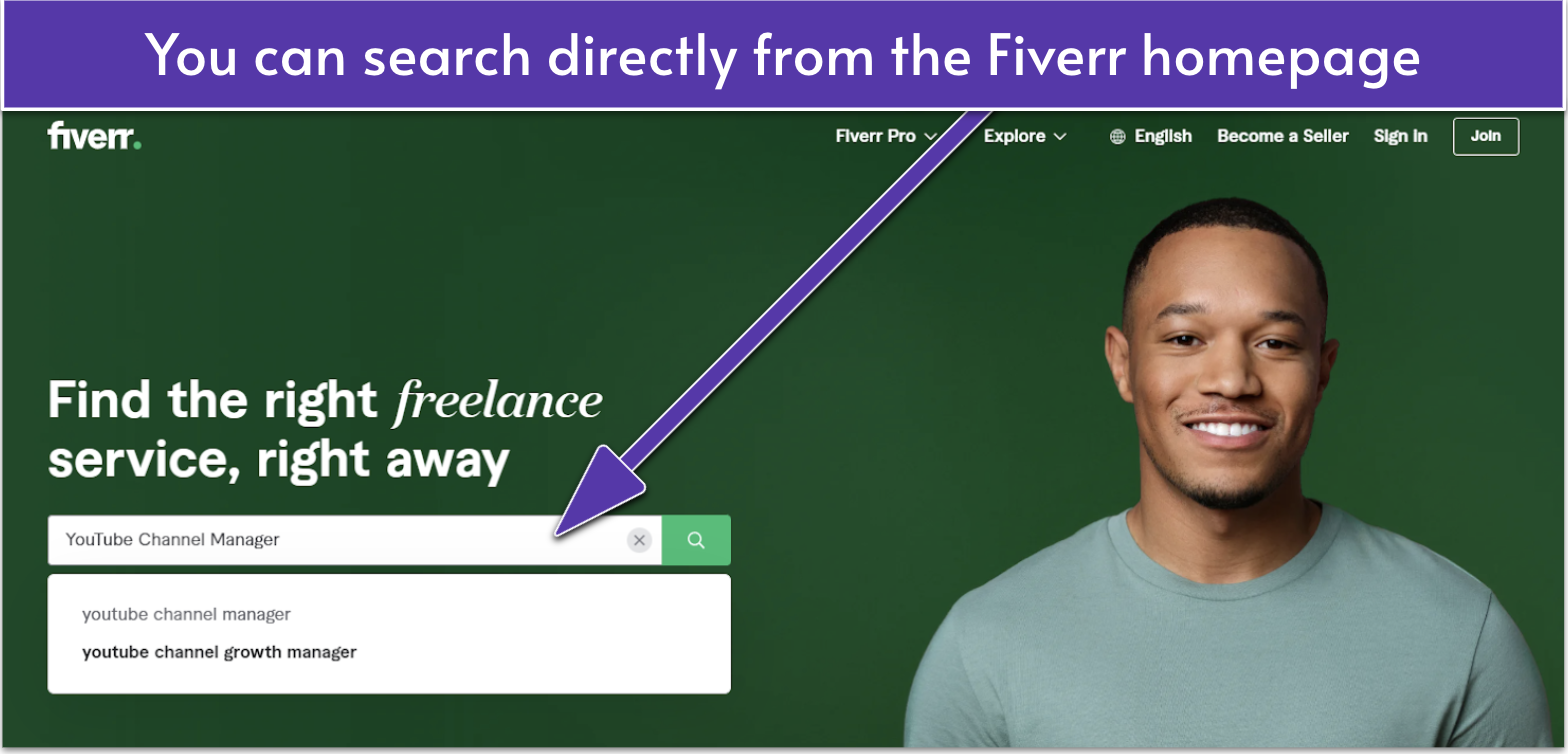 The result page for the words "YouTube Channel Manager" on Fiverr, with the filters highlighted
