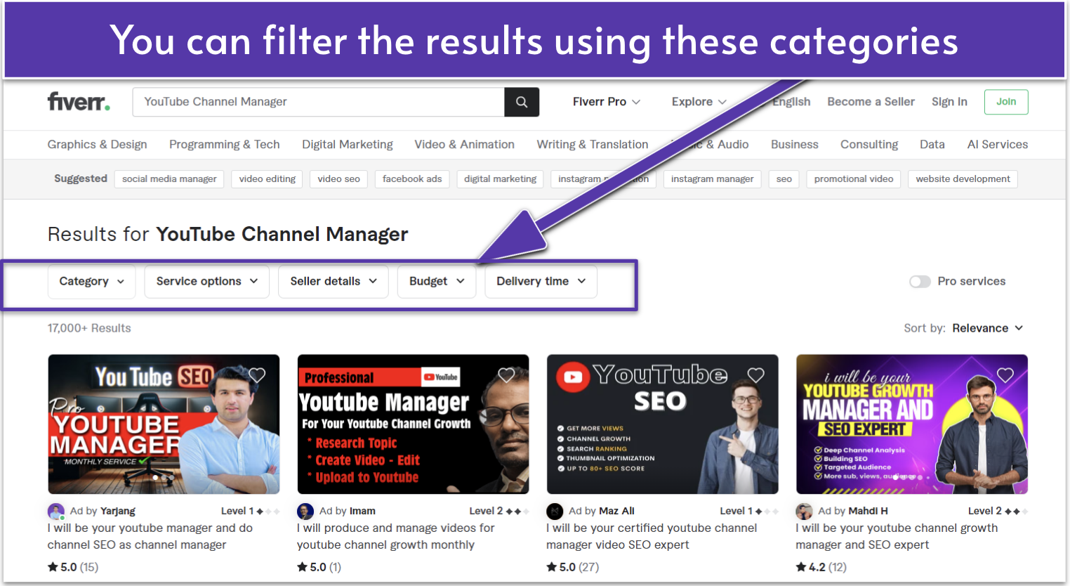 The result page for the words "YouTube Channel Manager" on Fiverr